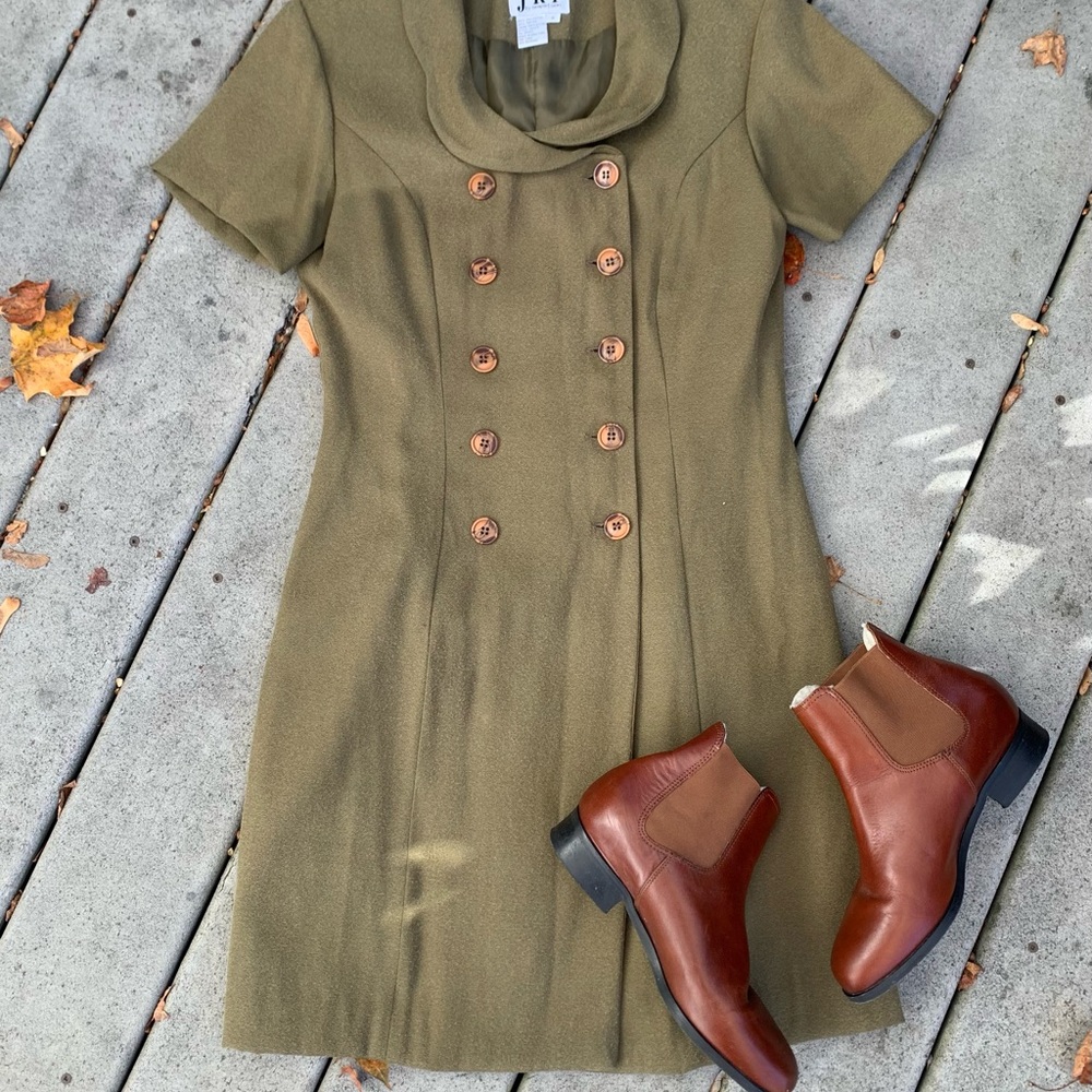 Vintage Olive Double-Breasted Mini Dress | 90’s Short Sleeve Button Front Dress - Picture 4 of 6